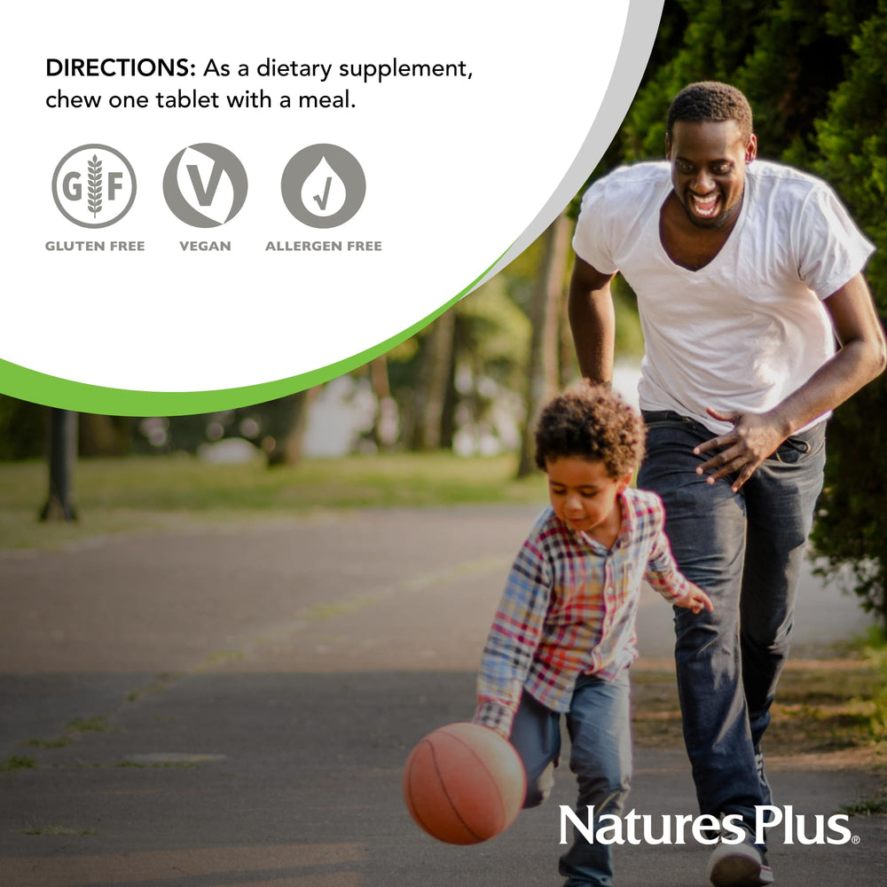 NaturesPlus chewable bromelain 40 mg tablets back shows ingredients and directions.