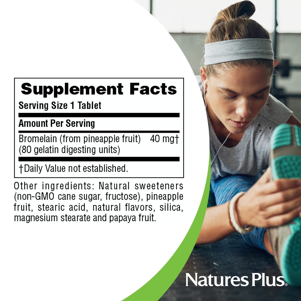 NaturesPlus chewable bromelain 40 mg tablets close-up highlights texture and flavor.