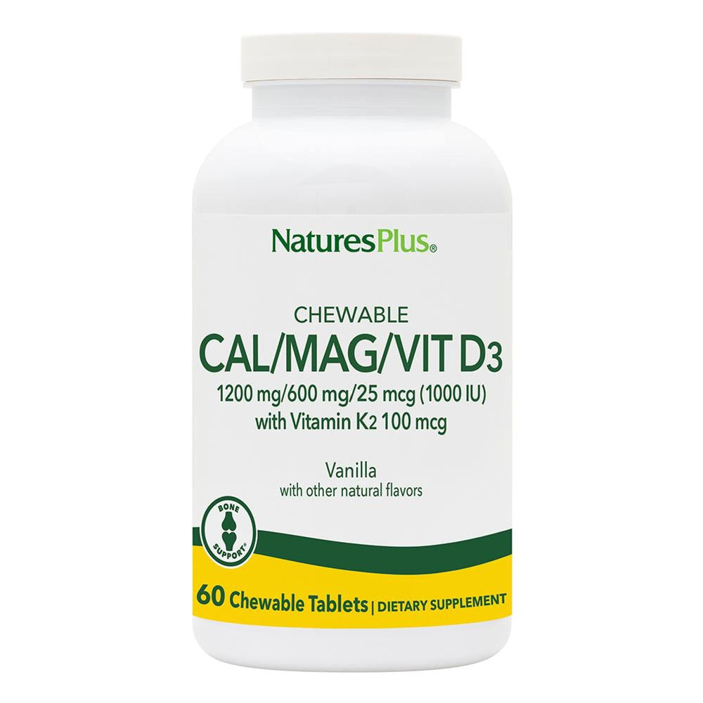 NaturesPlus vanilla chewables bottle showing Cal/Mag/Vit D3 K2 formula for daily support