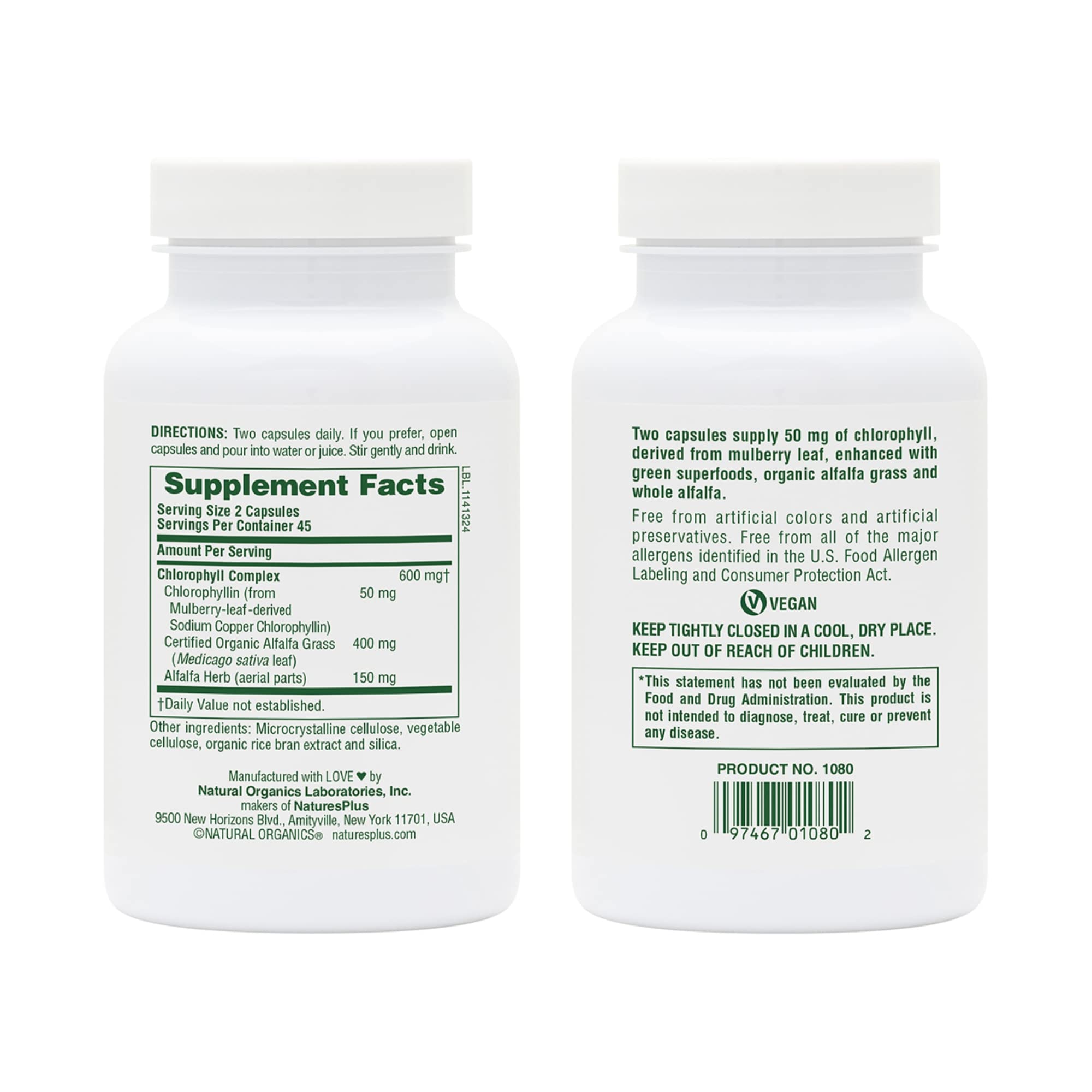 Nature's Plus Chlorophyll Complex capsules for daily vegan nutrition.