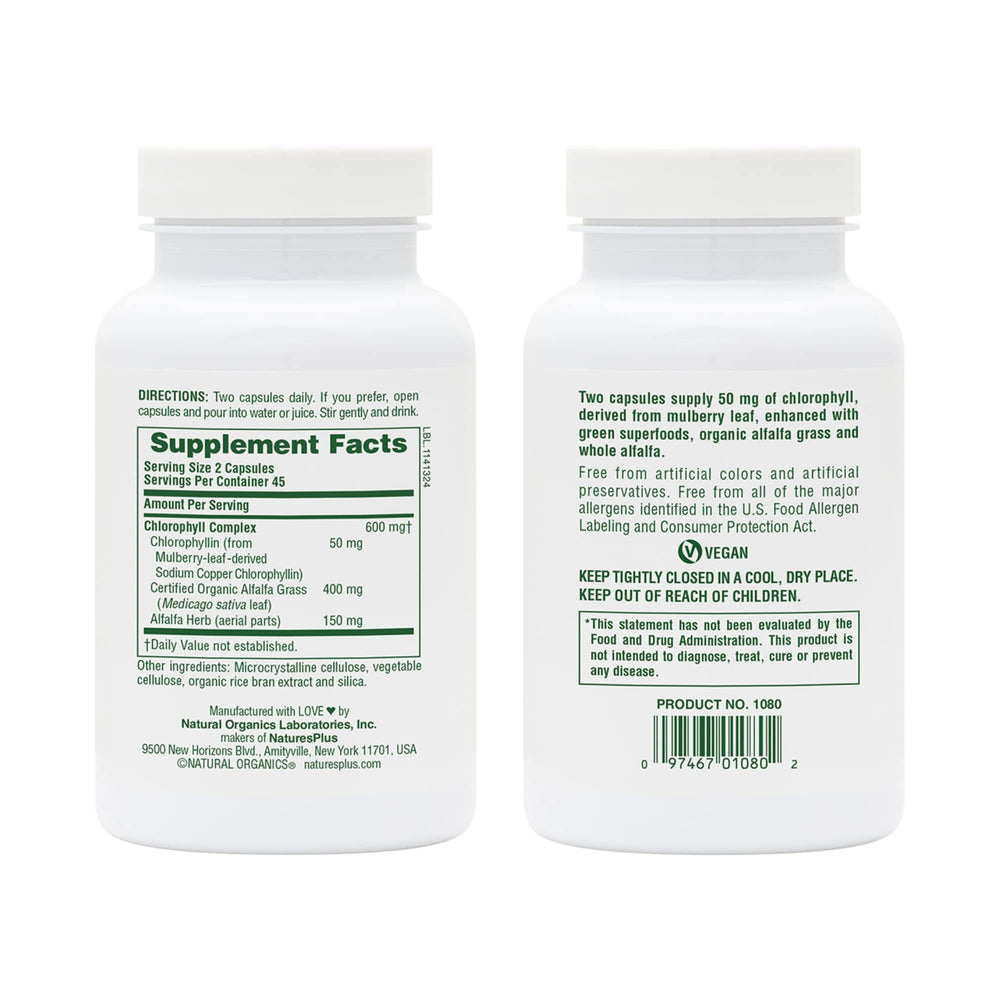 Nature's Plus Chlorophyll Complex capsules for daily vegan nutrition.
