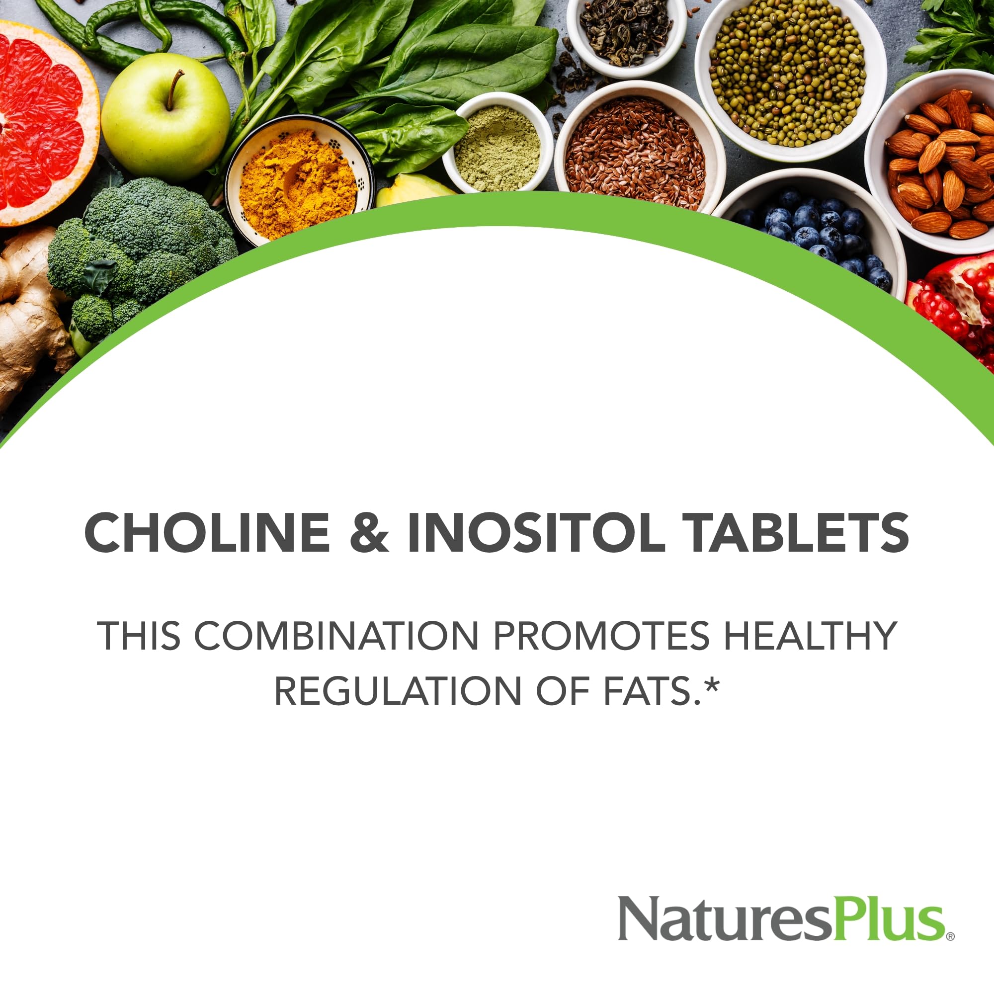 NaturesPlus Choline & Inositol label highlights a clean, allergen-free formula.