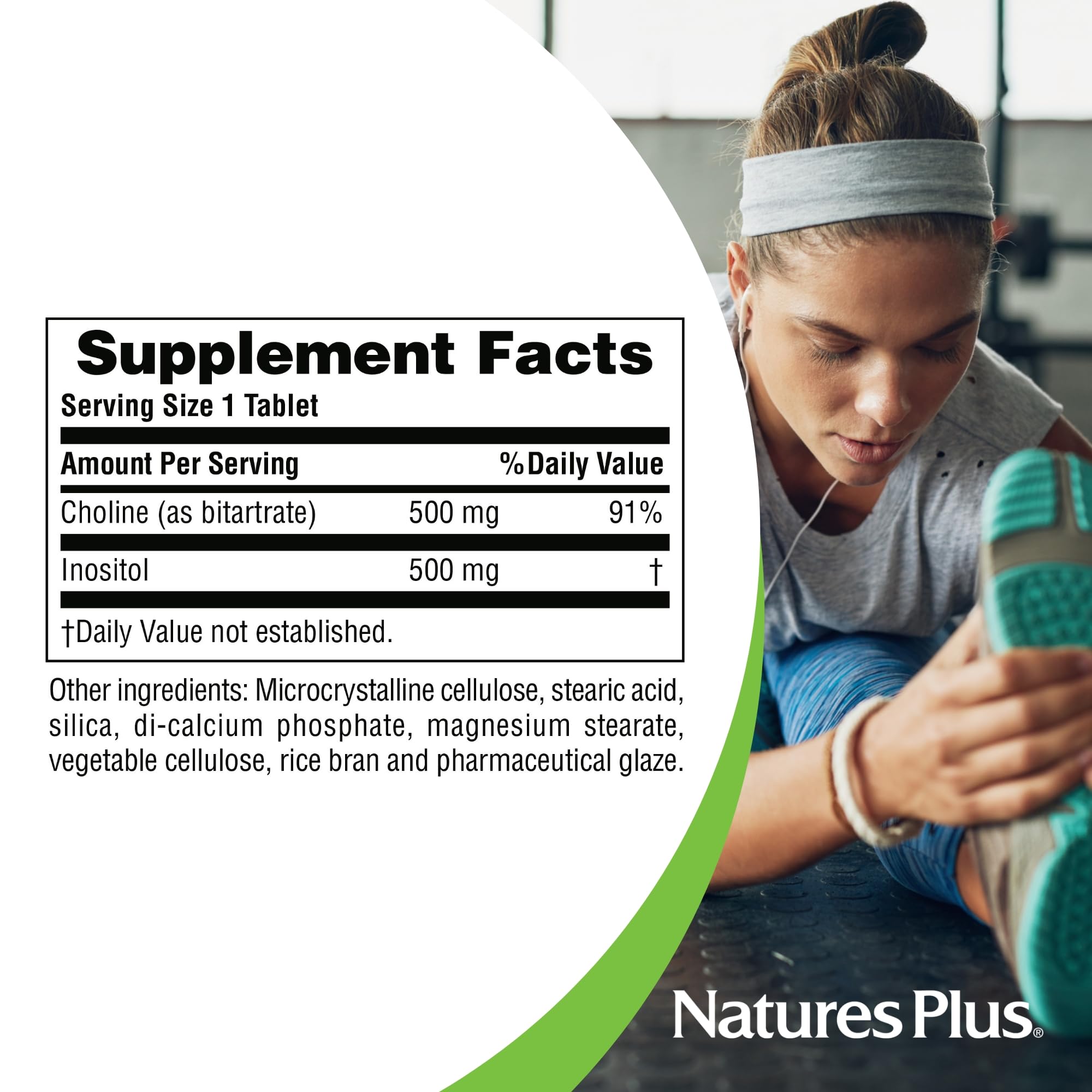NaturesPlus Choline & Inositol supplement facts show 500 mg per nutrient.