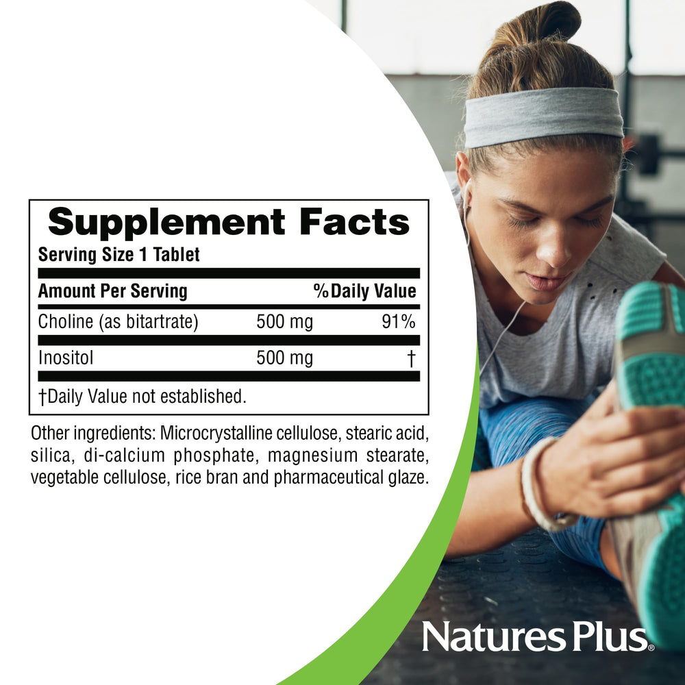 NaturesPlus Choline & Inositol supplement facts show 500 mg per nutrient.