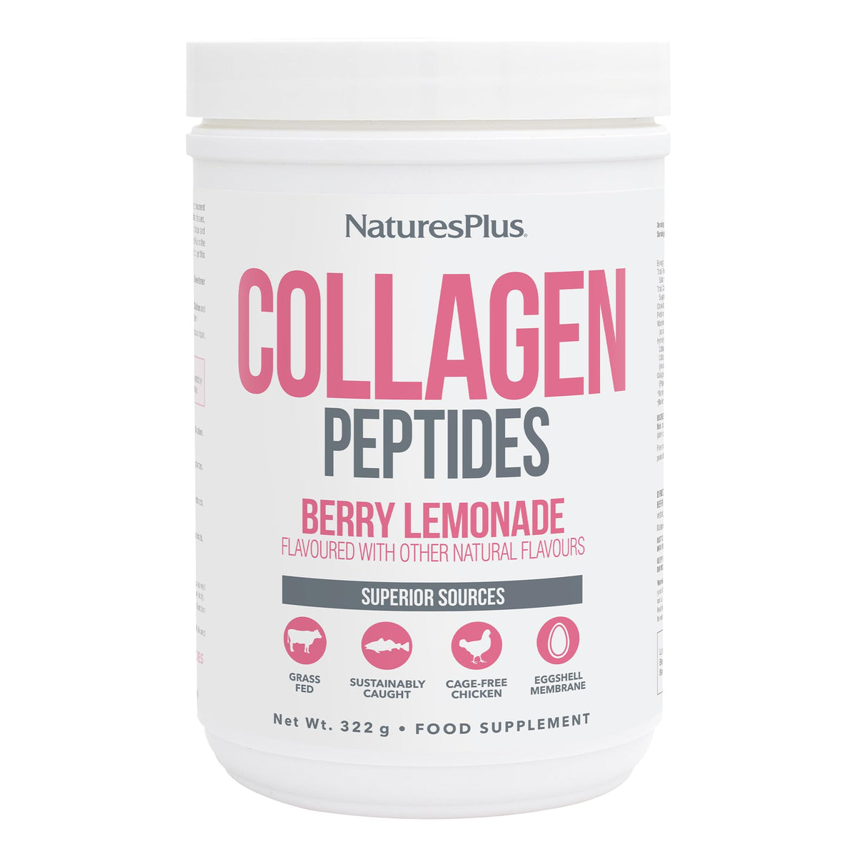 NaturesPlus Collagen Peptides Berry Lemonade bottle on kitchen counter for daily use.