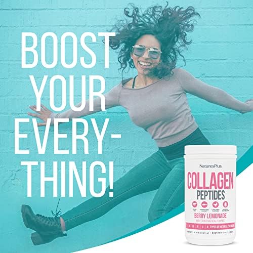 NaturesPlus Collagen Peptides Berry Lemonade powder close-up with scoop.