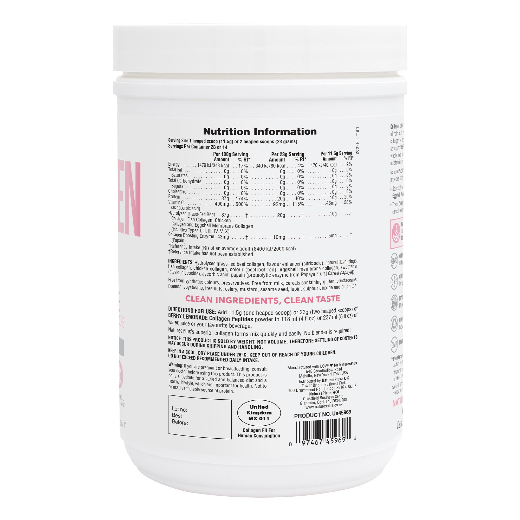 NaturesPlus Collagen Peptides Berry Lemonade powder in tub ready to mix.
