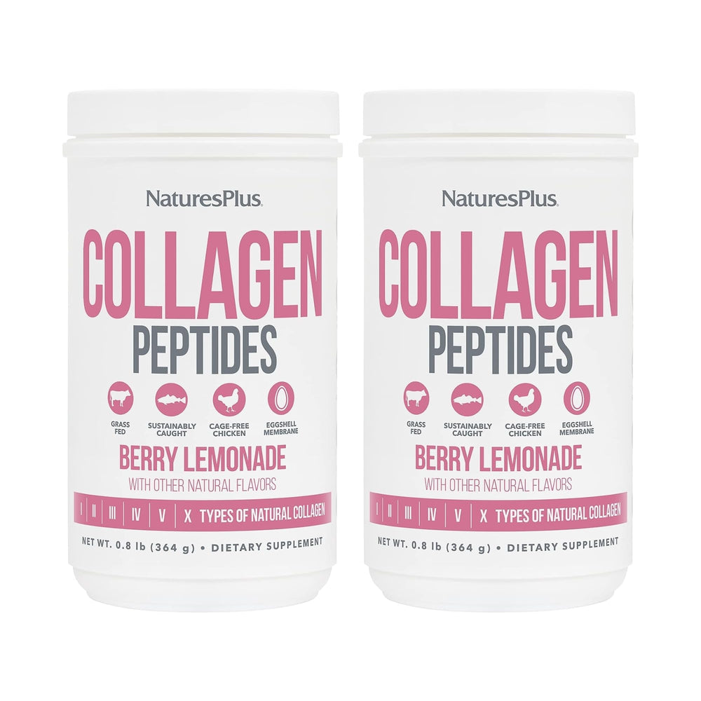 NaturesPlus Collagen Peptides Berry Lemonade tub front, suggesting daily hair, skin, and nails support.