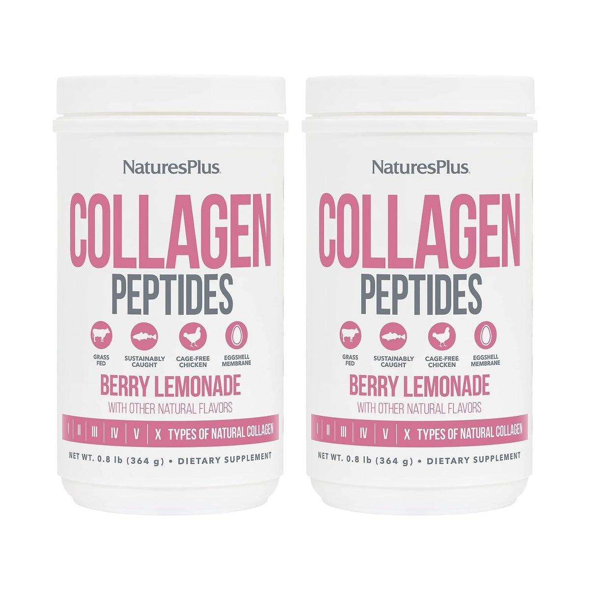 NaturesPlus Collagen Peptides Berry Lemonade tub front, suggesting daily hair, skin, and nails support.