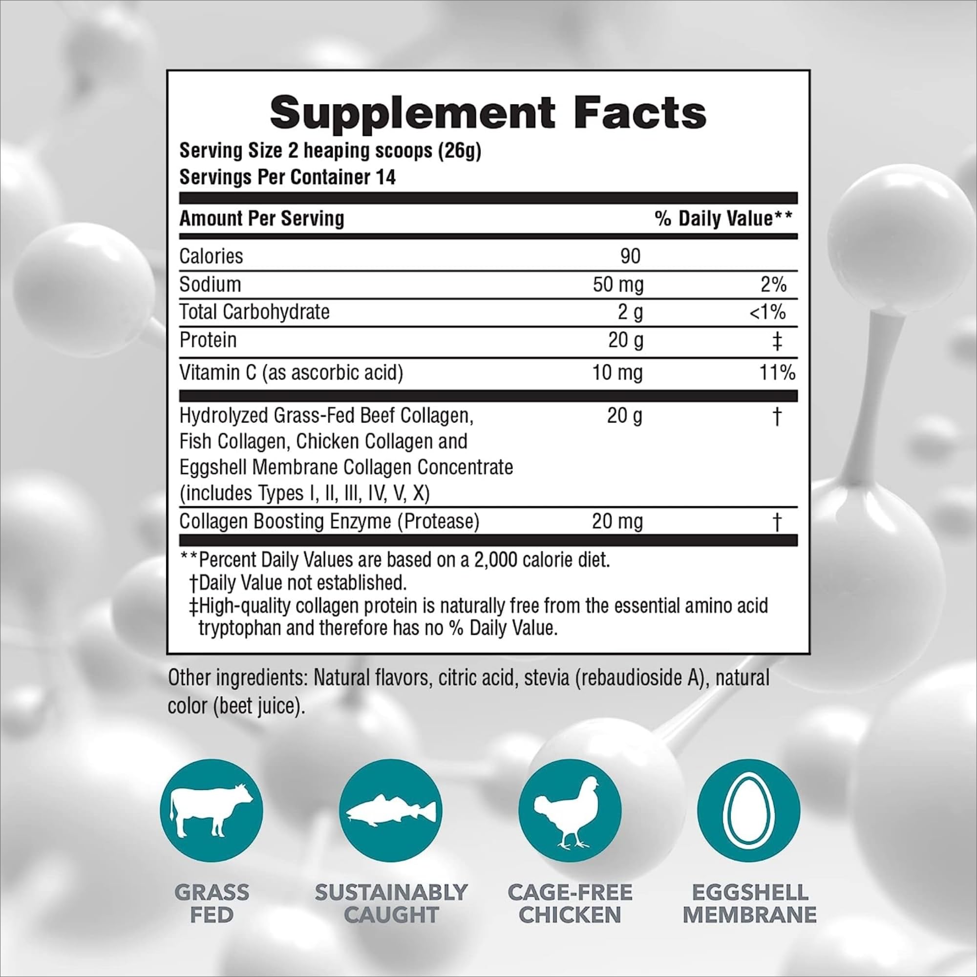 NaturesPlus Collagen Peptides Berry Lemonade tub ingredient close-up shows collagen types I, II, III, IV, V, X.