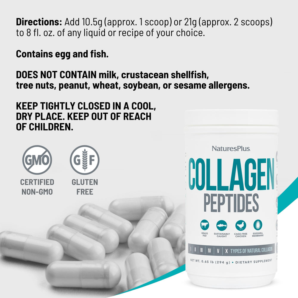 NaturesPlus Collagen Peptides powder on kitchen counter highlighting gluten-free non GMO promise.