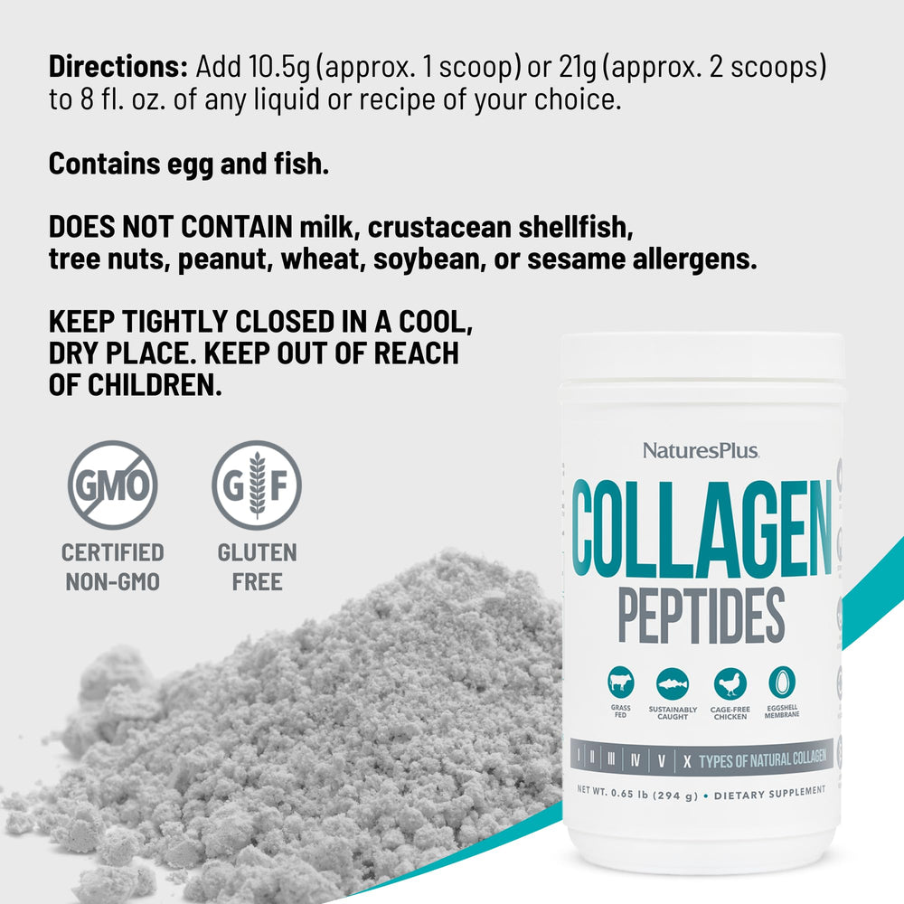 Nature's Plus Collagen Peptides ingredient list highlights six collagen types.