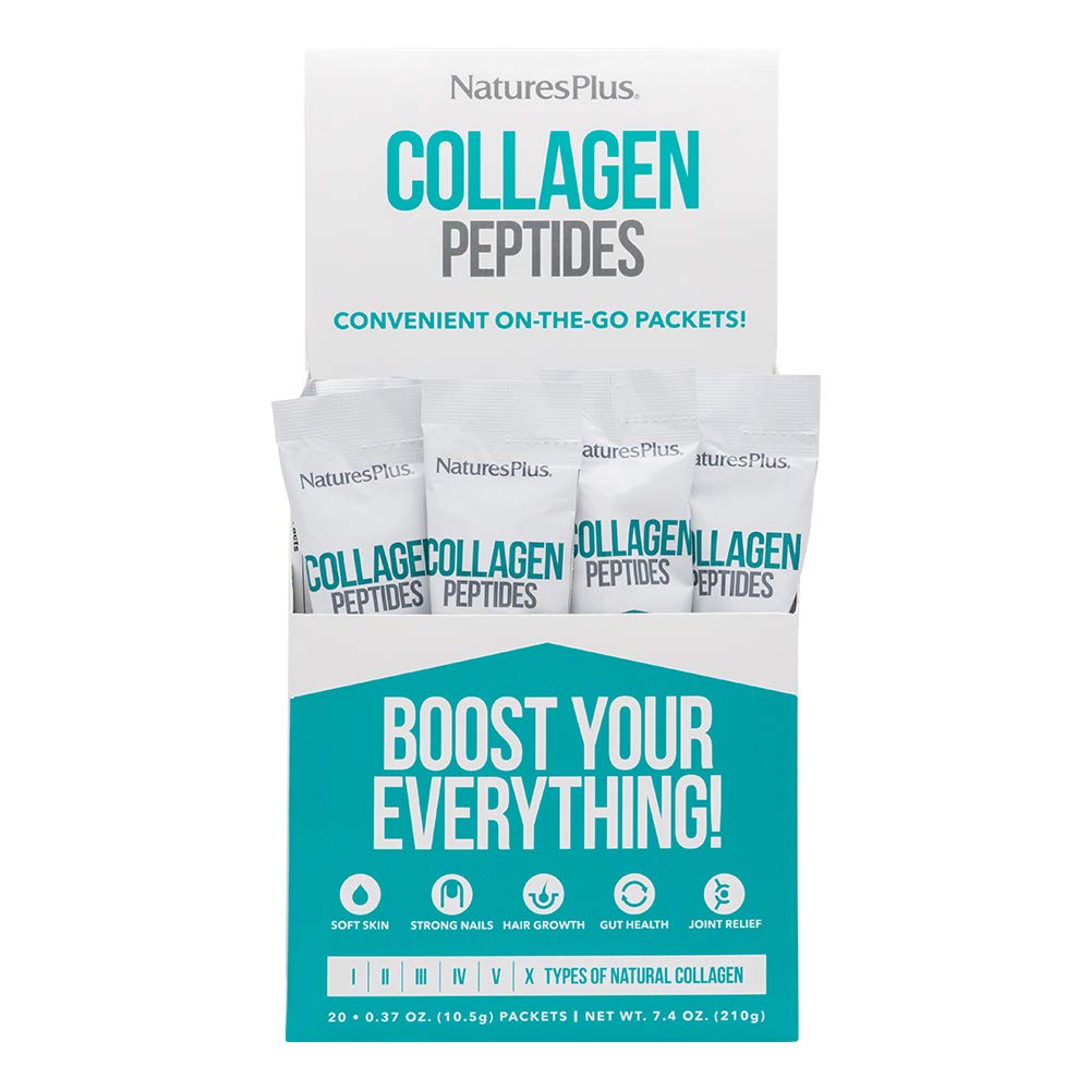 NaturesPlus Collagen Peptides stick packets arranged for on-the-go wellness support for hair, skin, and nails