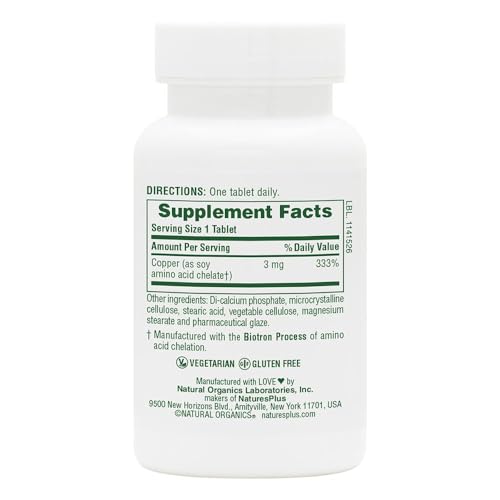NaturesPlus Copper 3 mg label close-up indicating gluten-free formulation
