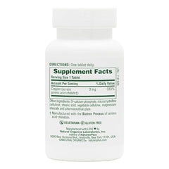 NaturesPlus Copper 3 mg label close-up indicating gluten-free formulation