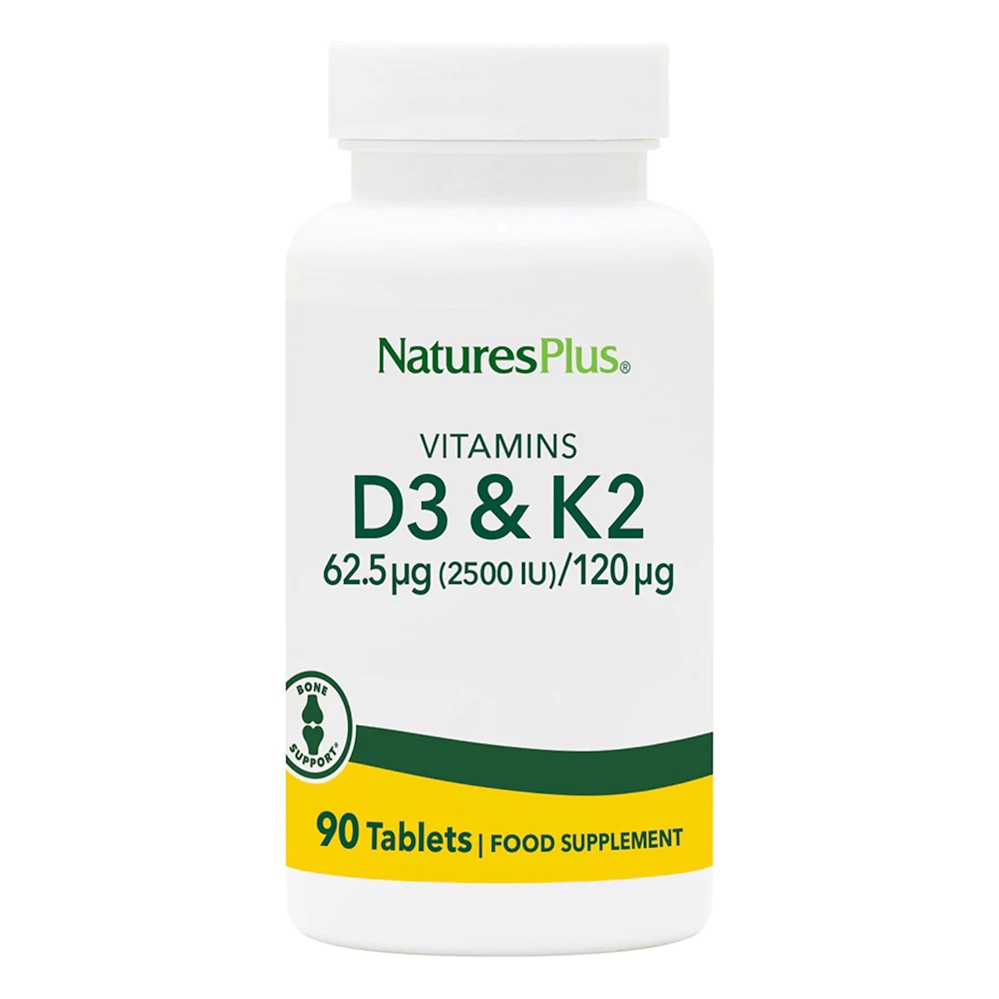 NaturesPlus D3 K2 90 Tablets bottle front for bone support