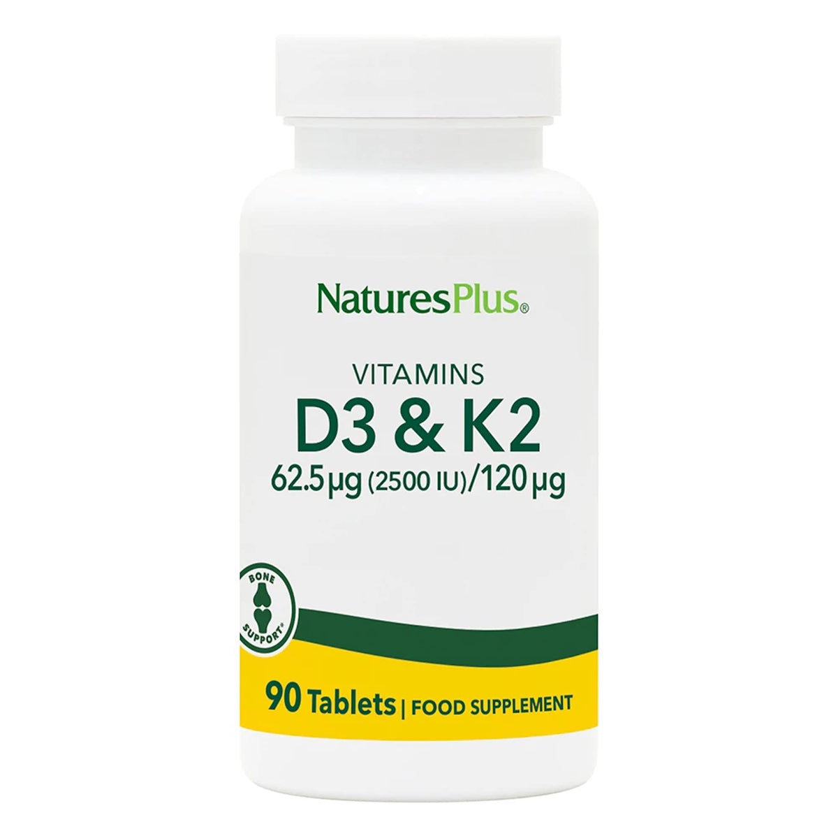 NaturesPlus D3 K2 90 Tablets bottle front for bone support