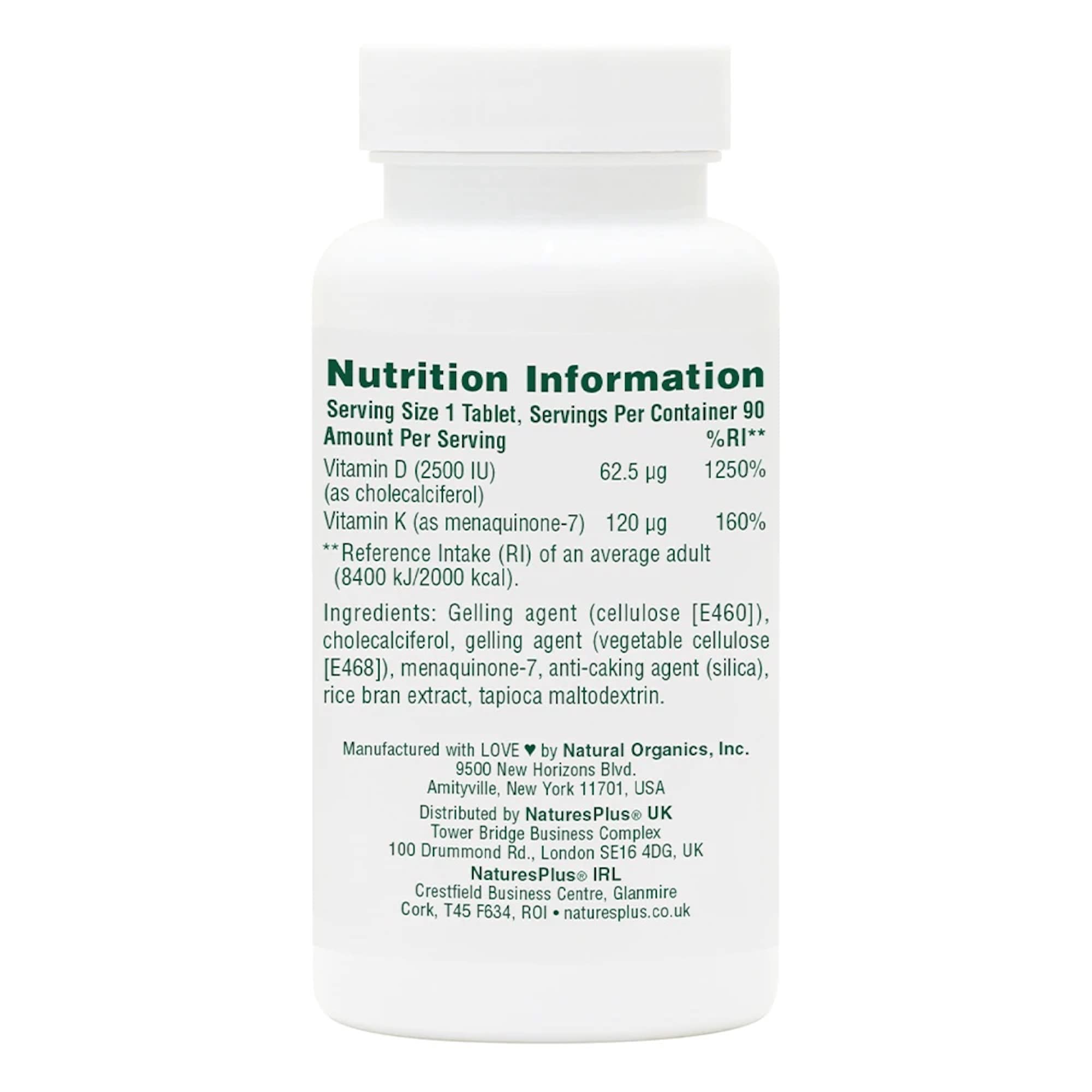 NaturesPlus D3 K2 90 Tablets capsules close-up show quality vitamins for daily wellness