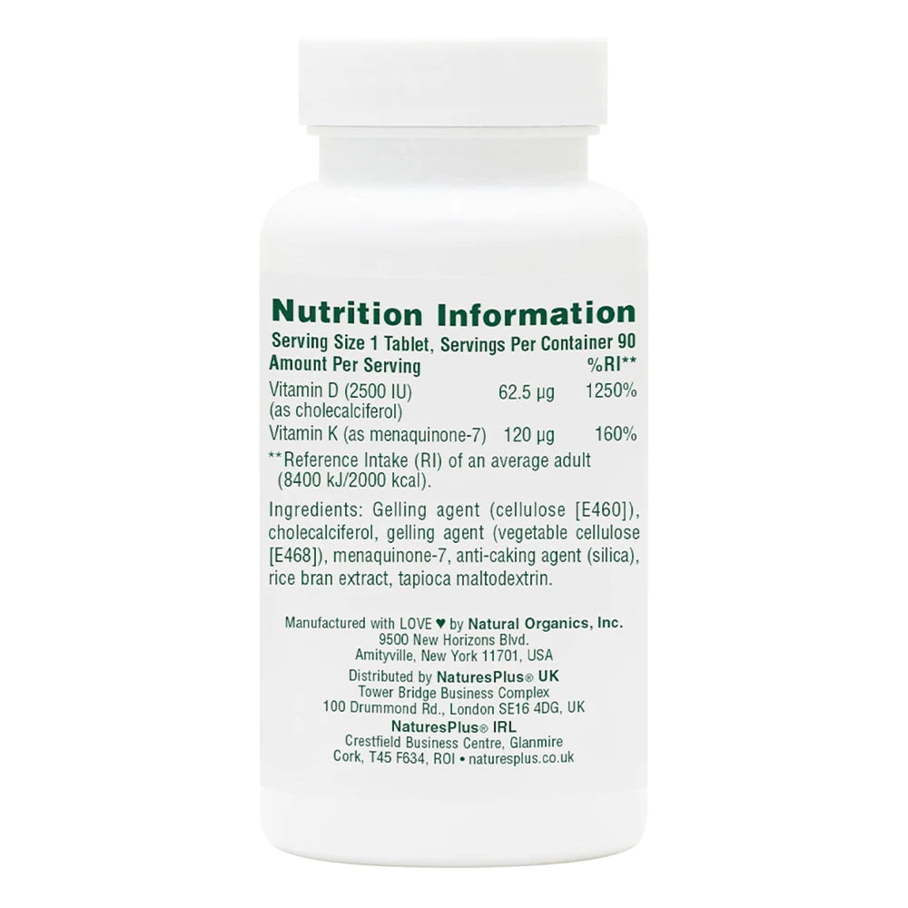 NaturesPlus D3 K2 90 Tablets capsules close-up show quality vitamins for daily wellness