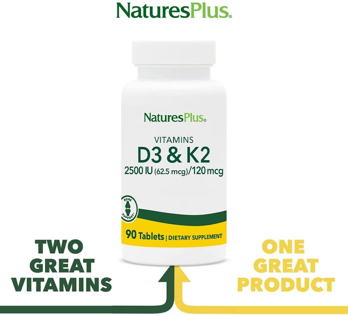 NaturesPlus D3 K2 90 Tablets bottle with vegetarian and gluten-free indicators