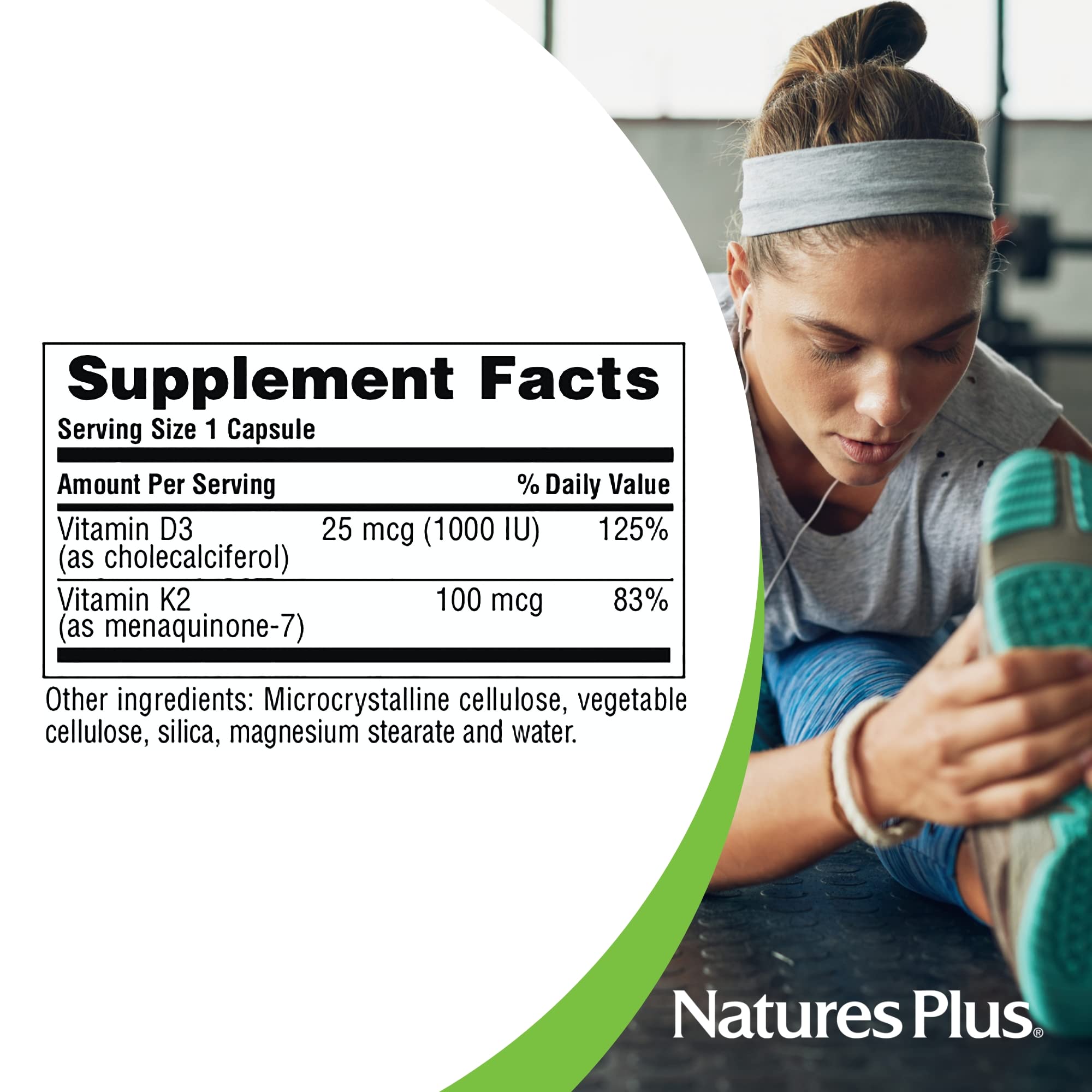NaturesPlus D3 K2 bottle back label with directions and notes.