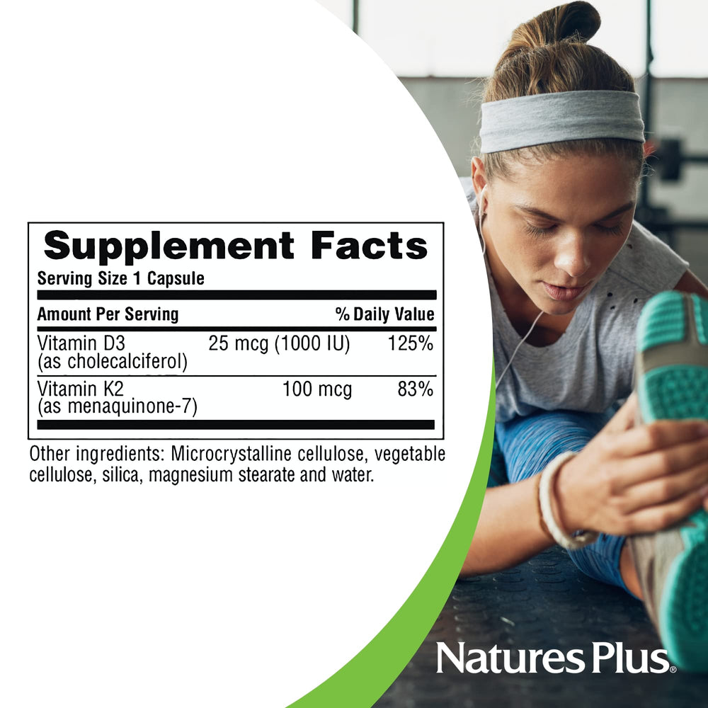 NaturesPlus D3 K2 bottle back label with directions and notes.