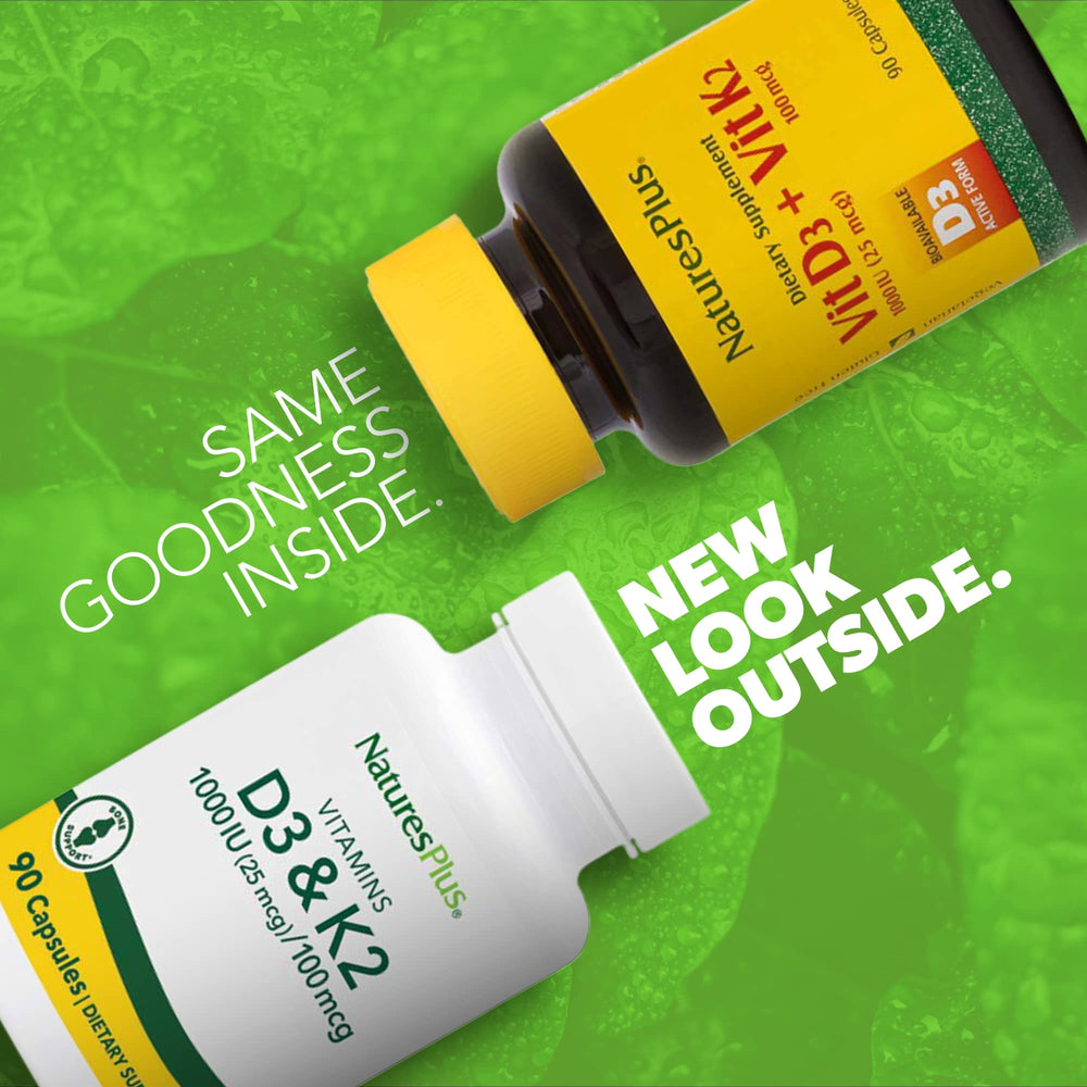 NaturesPlus D3 K2 capsules close-up highlighting vegetarian formula for daily use.
