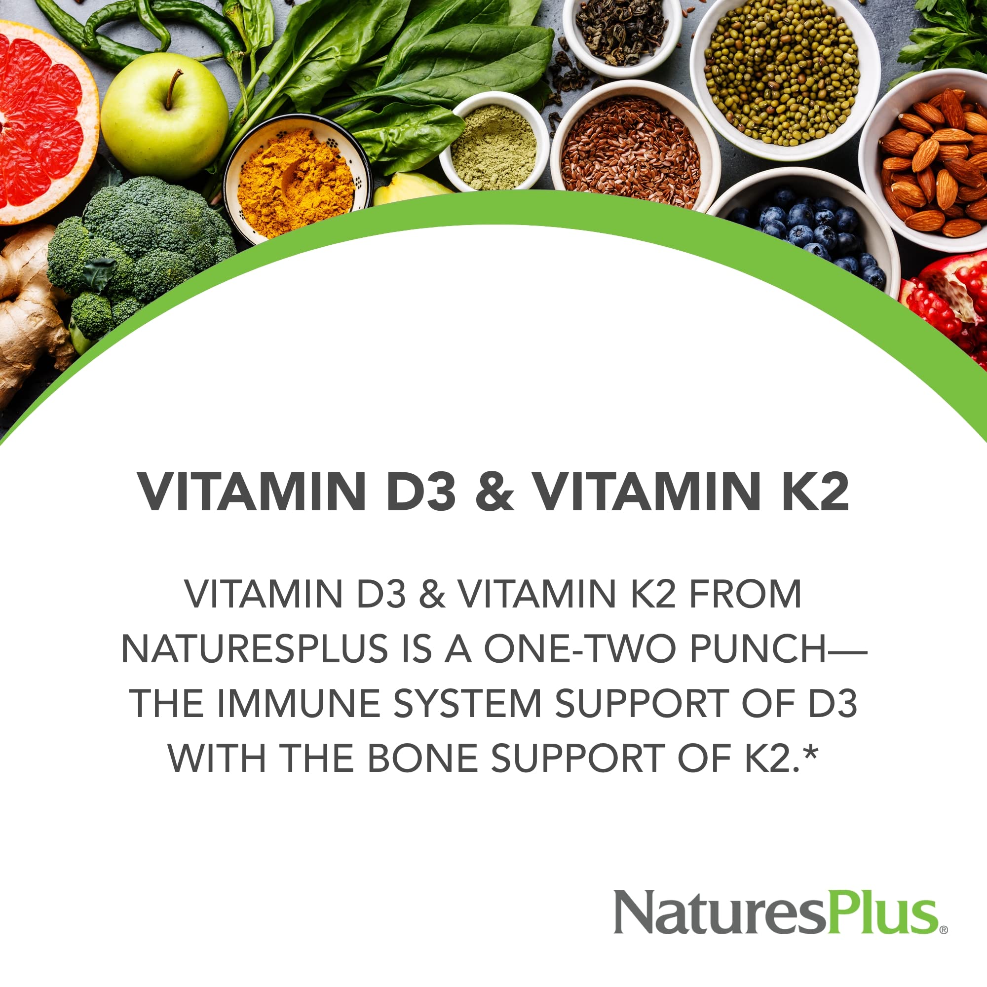 NaturesPlus D3 K2 label details emphasize gluten-free, vegetarian vitamin blend.