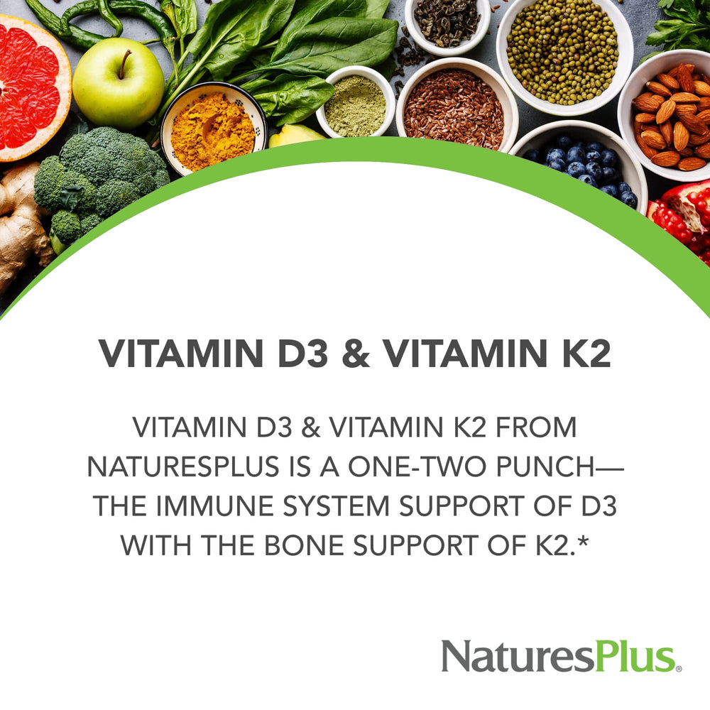 NaturesPlus D3 K2 label details emphasize gluten-free, vegetarian vitamin blend.