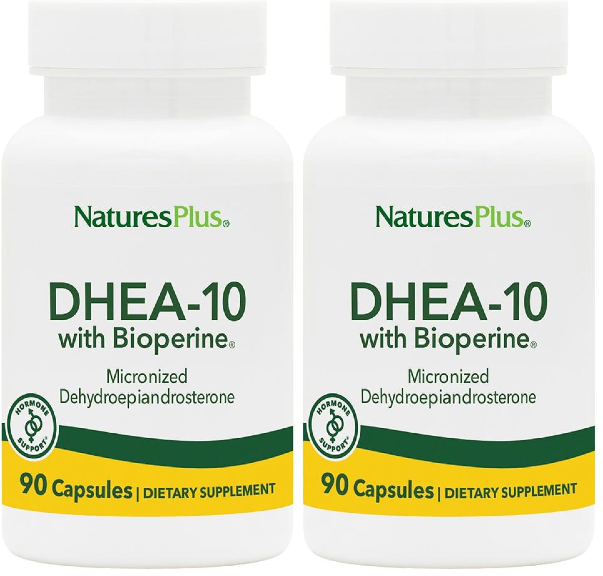 NaturesPlus DHEA 10 with Bioperine bottle, gluten-free daily supplement.