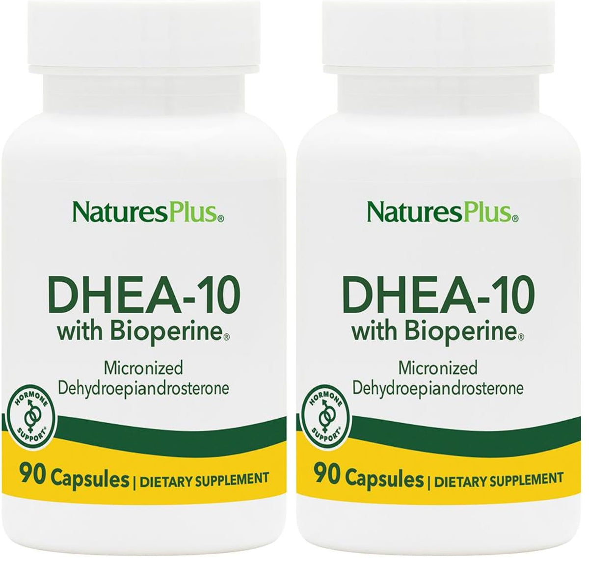 NaturesPlus DHEA 10 with Bioperine bottle, gluten-free daily supplement.