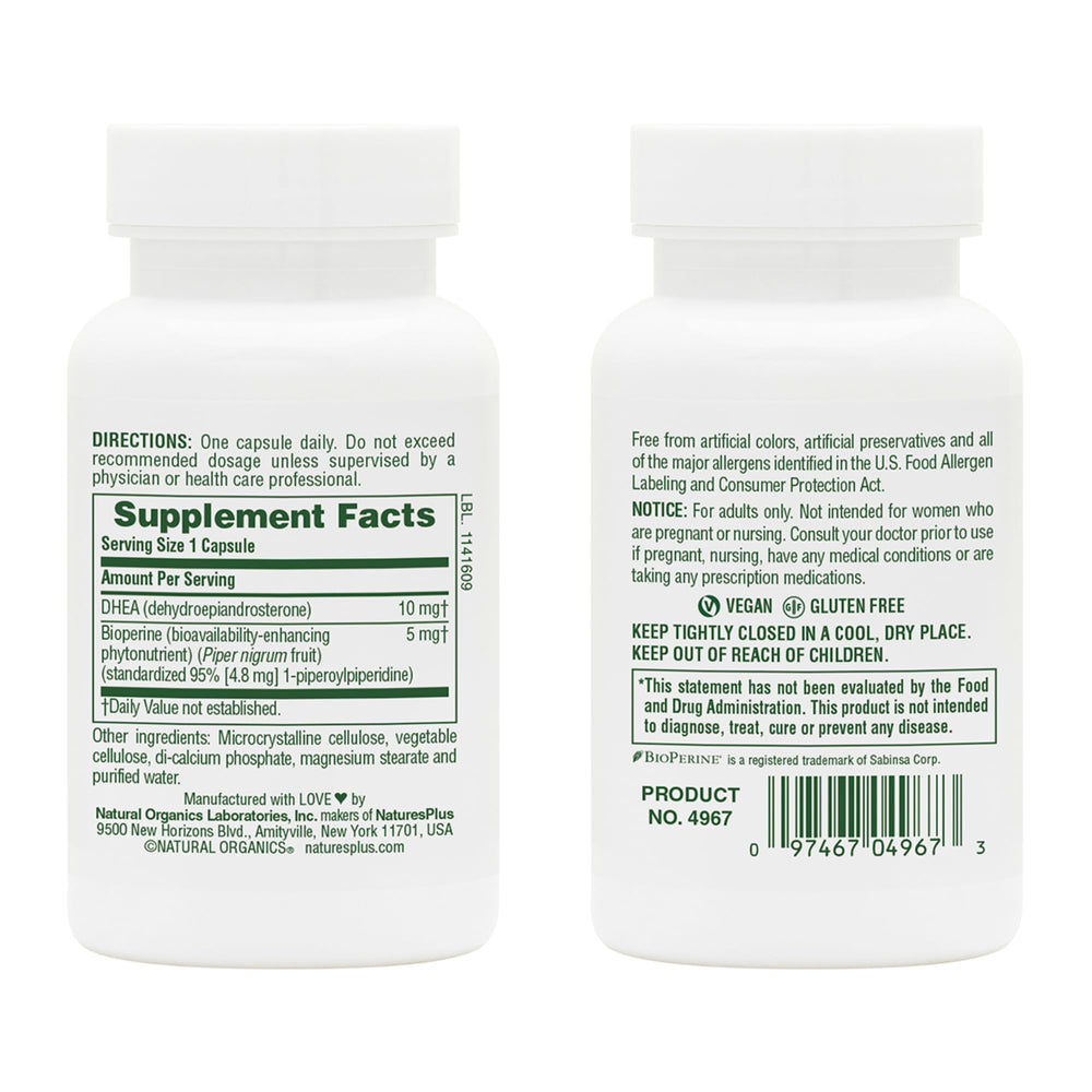 NaturesPlus DHEA 10 capsules, vegetarian formula for daily use.