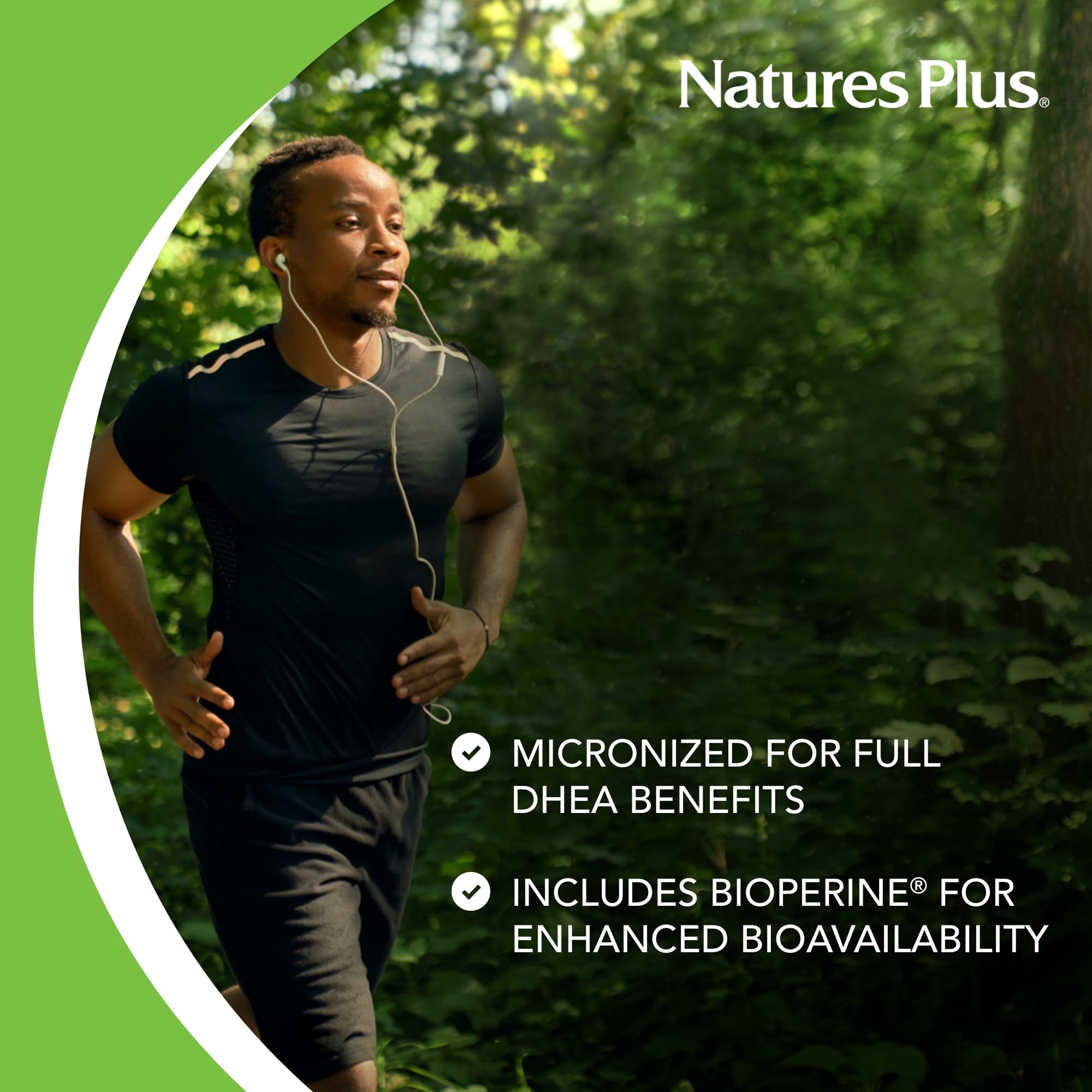 NaturesPlus DHEA-25 Bioperine capsule highlights enhanced absorption potential.
