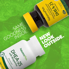 NaturesPlus DHEA-25 bottle back label highlighting gluten-free formula suitable for sensitive diets.