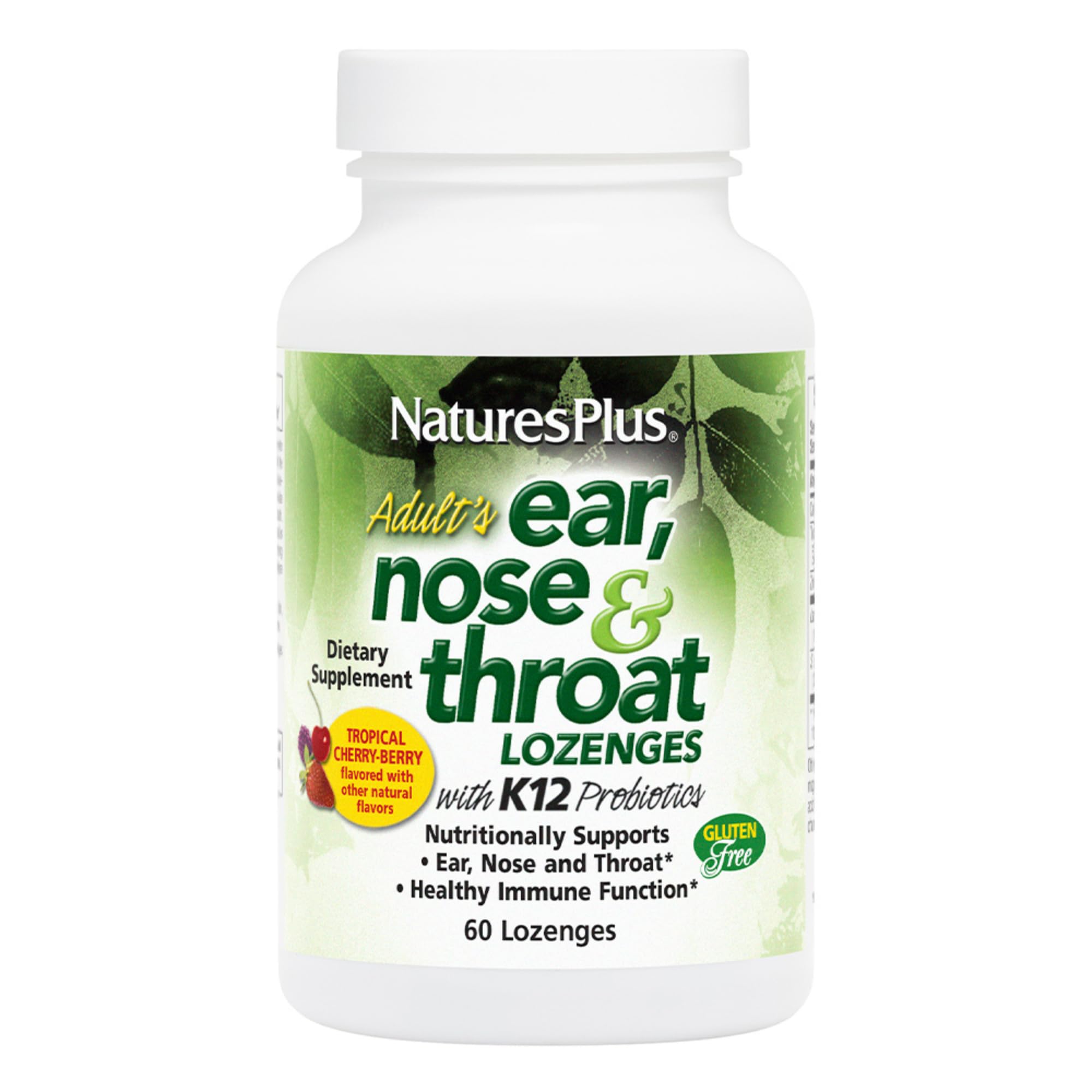 NaturesPlus Ear Nose Throat Lozenge bottle in tropical berry flavor supports immune health and fresh breath.