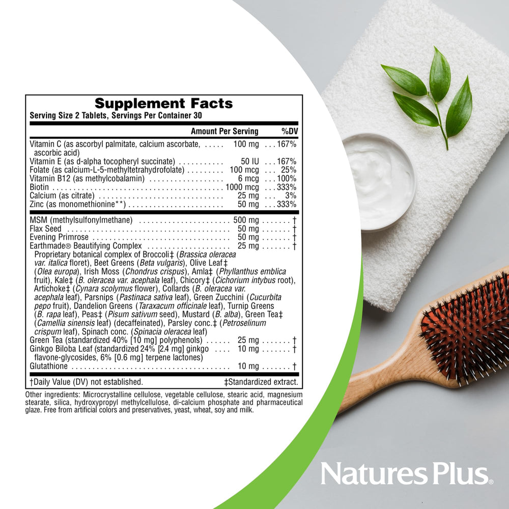 Nature's Plus earthmade beautifying complex image highlights leafy greens and botanicals for nutrient-rich care.