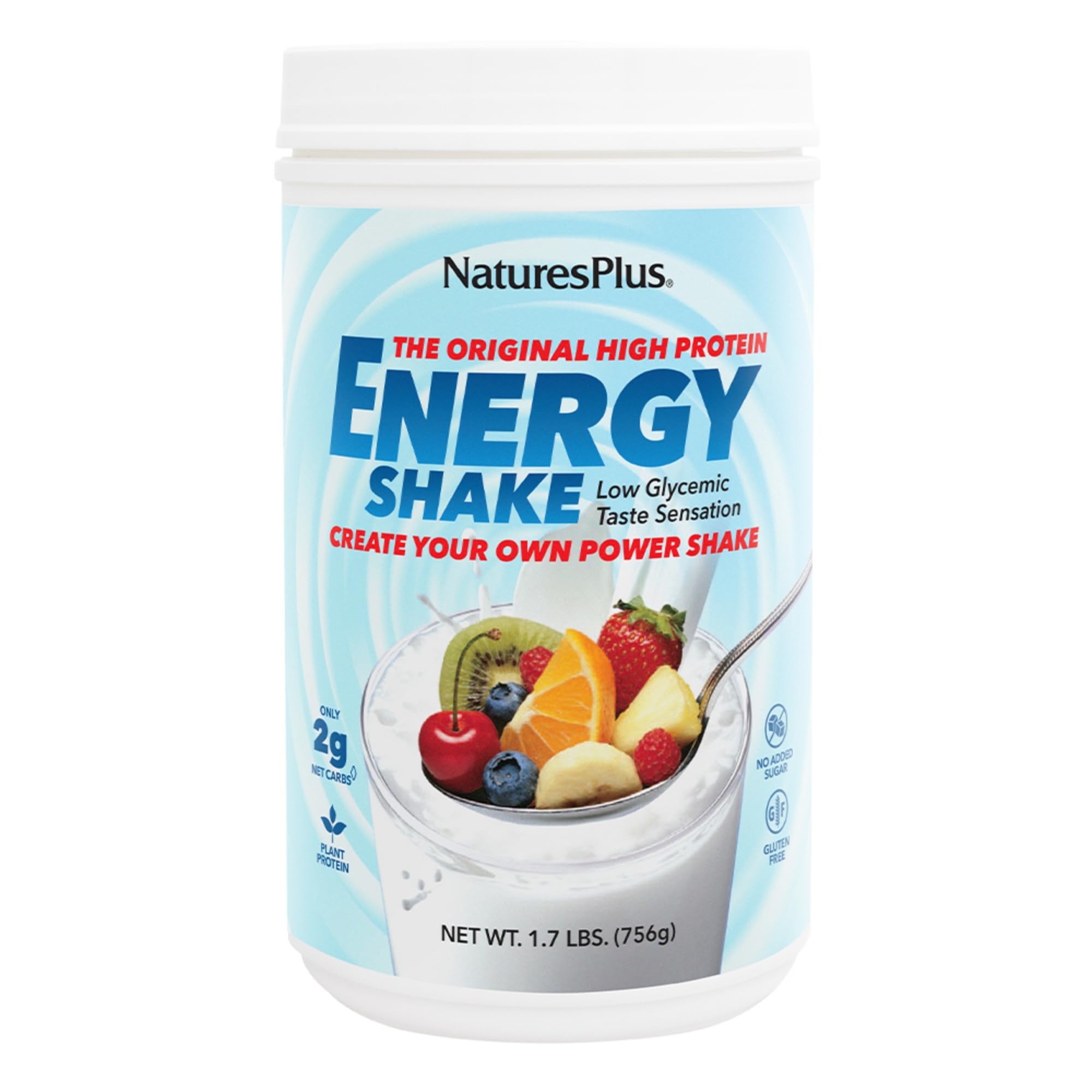 NaturesPlus Energy Shake jar with scoop shows a ready protein source for busy mornings.