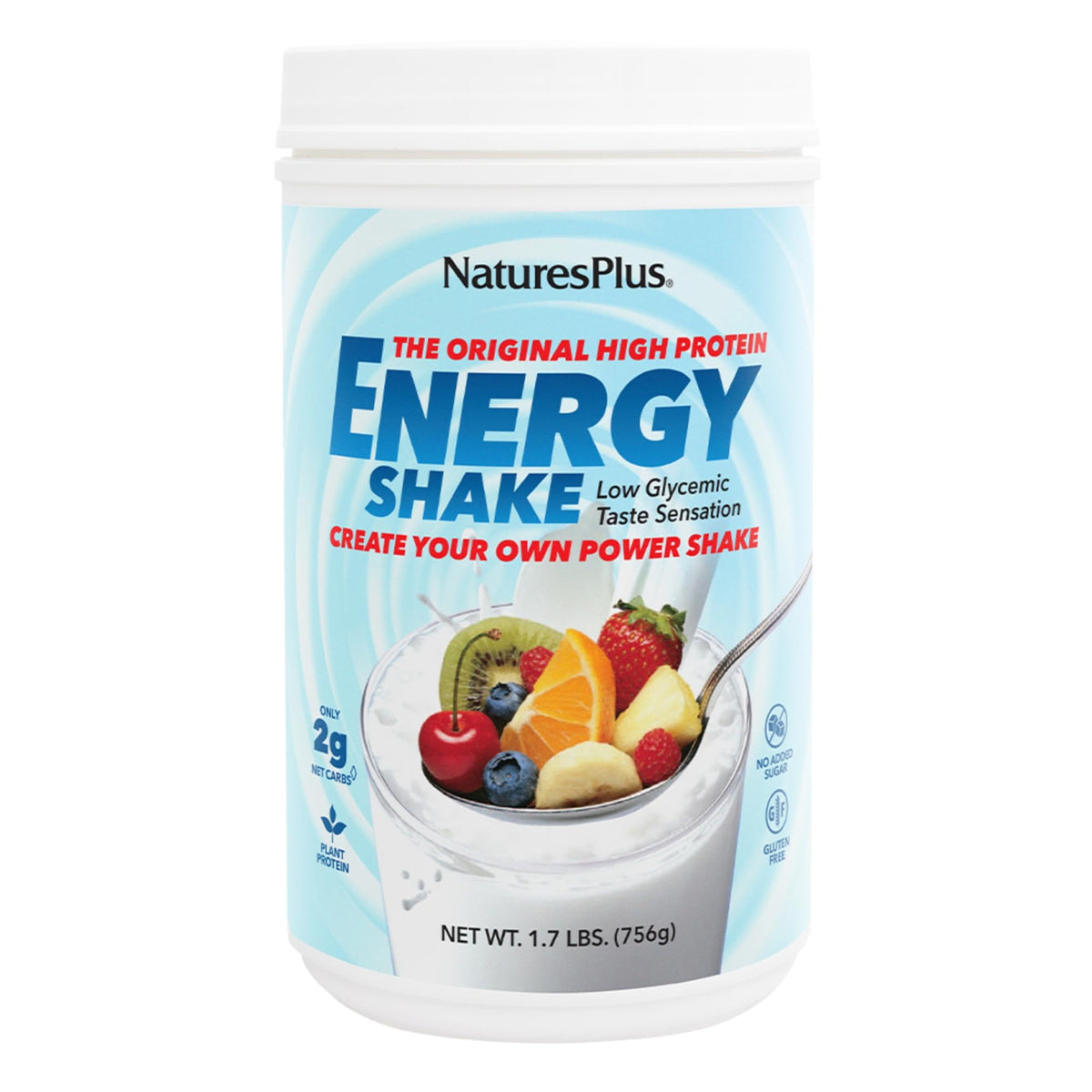 NaturesPlus Energy Shake jar with scoop shows a ready protein source for busy mornings.