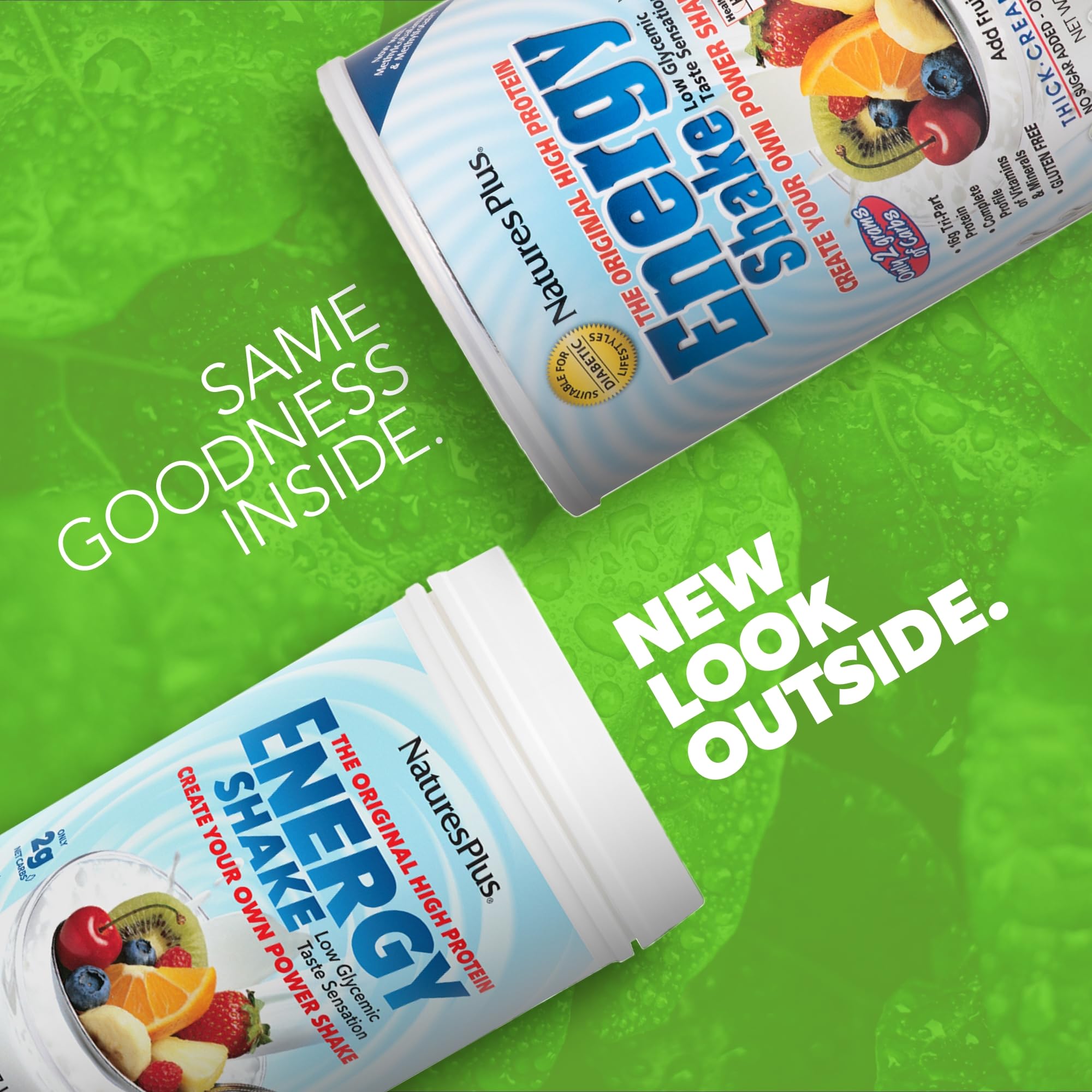 NaturesPlus Energy Shake label close-up highlights gluten-free and non-GMO credentials.
