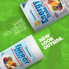 NaturesPlus Energy Shake label close-up highlights gluten-free and non-GMO credentials.