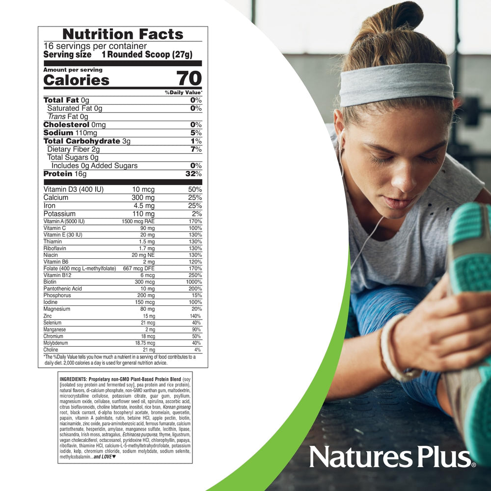 NaturesPlus Energy Shake nutrition panel highlights 70 calories and 2 g carbs per serving