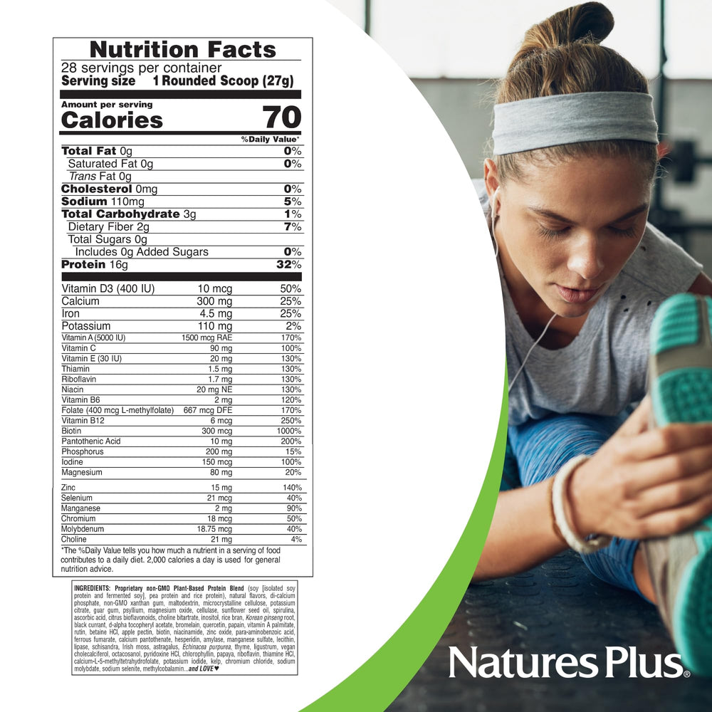 NaturesPlus Energy Shake packaging highlights 28 servings for ongoing plant-based nutrition.