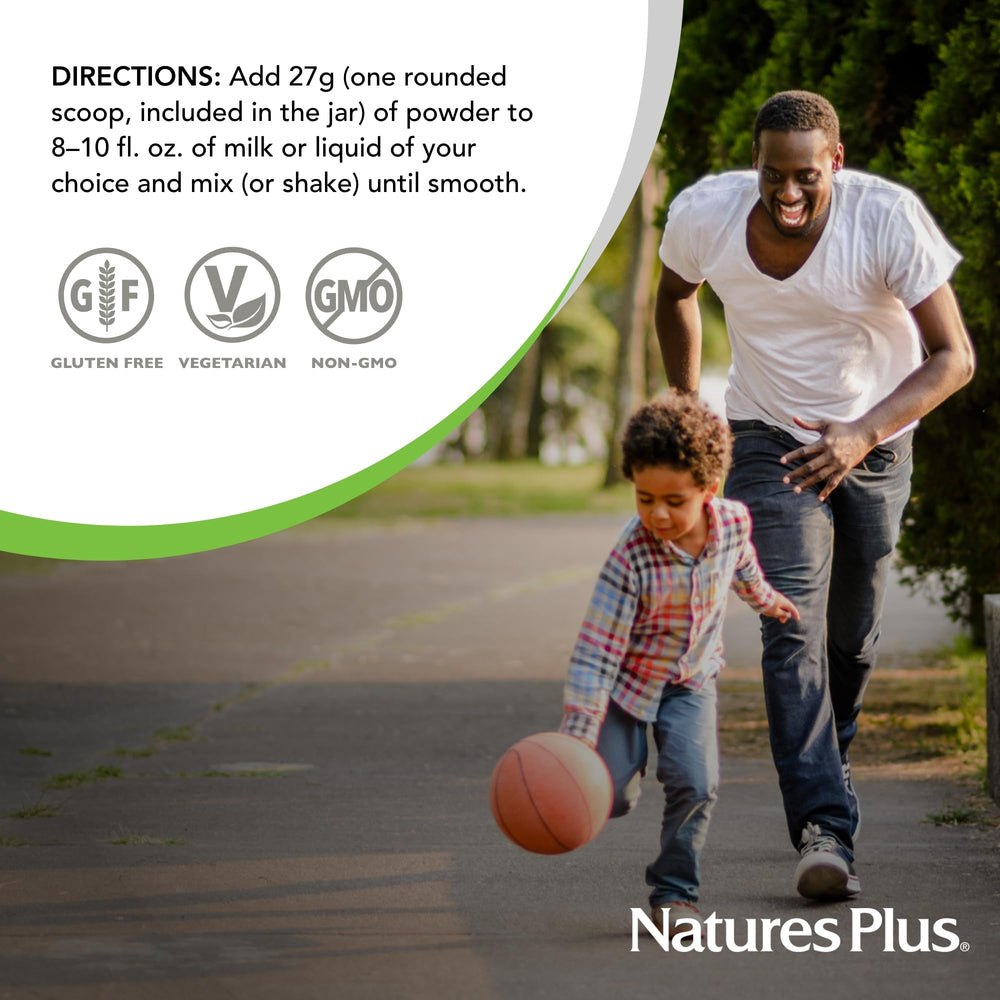 NaturesPlus Energy Shake pouch opened reveals powder's neutral flavor for easy recipe mixing.