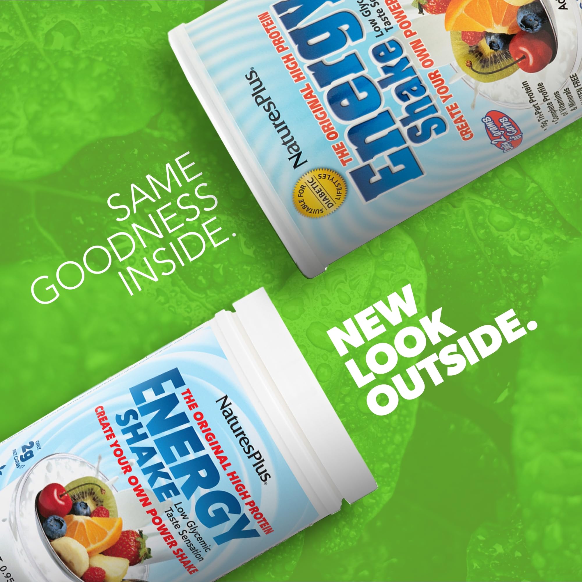 NaturesPlus Energy Shake being poured into a glass for a quick, clean energy boost