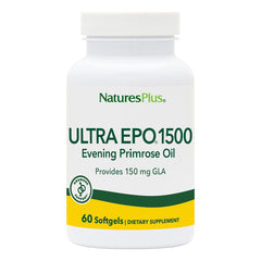 NaturesPlus EPO1500 bottle-front shows premium evening primrose oil for skin support.