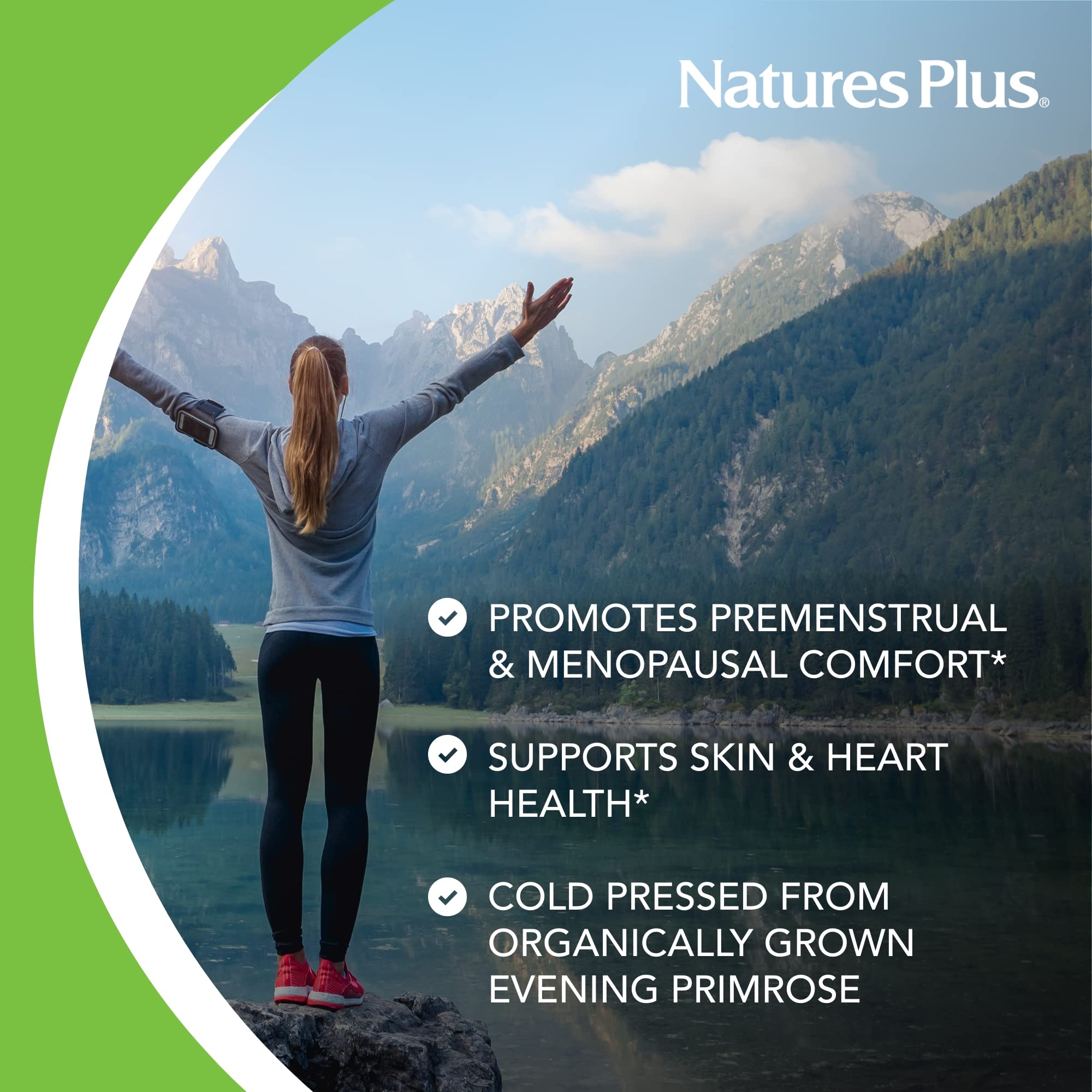 NaturesPlus EPO1500 glass bottle on table implies convenient daily use.