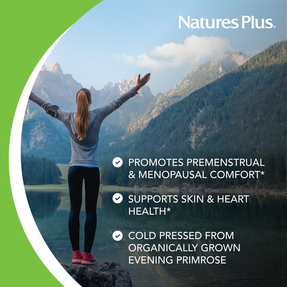 NaturesPlus EPO1500 glass bottle on table implies convenient daily use.