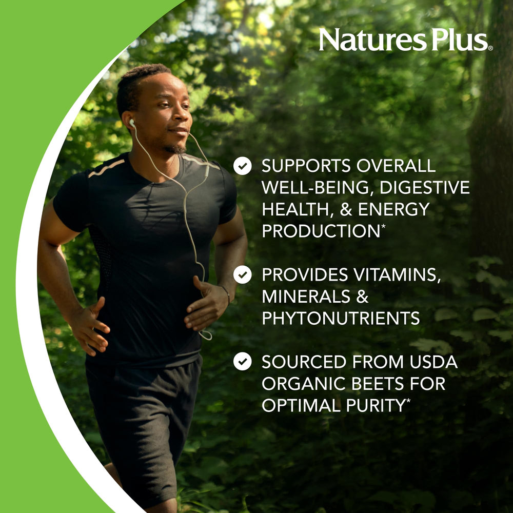 NaturesPlus Fermented Beet Powder bottle highlights fermentation-rich nutrition for daily energy.