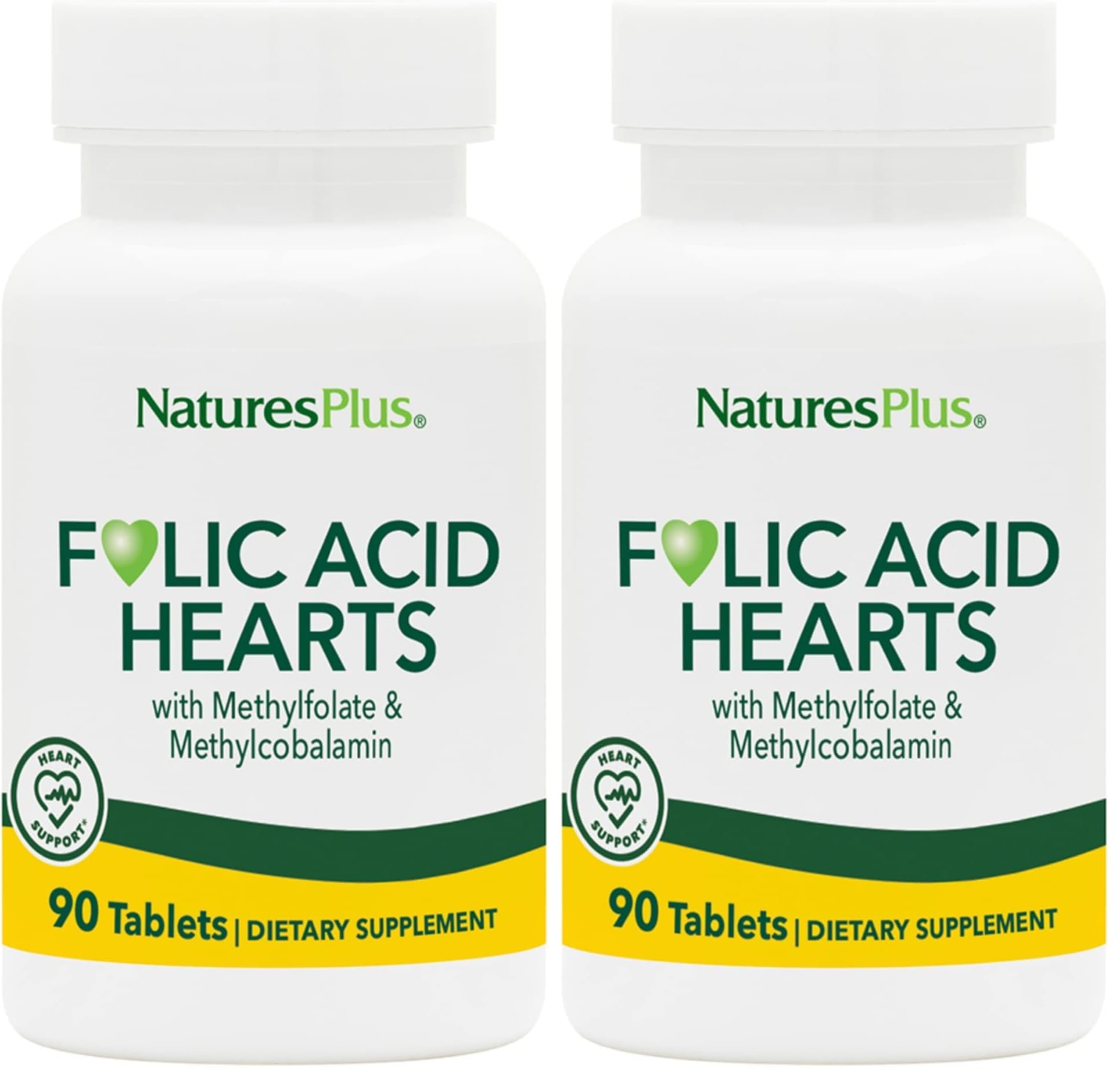 NaturesPlus Folic Acid Hearts bottle with heart-shaped tablets for daily heart health.