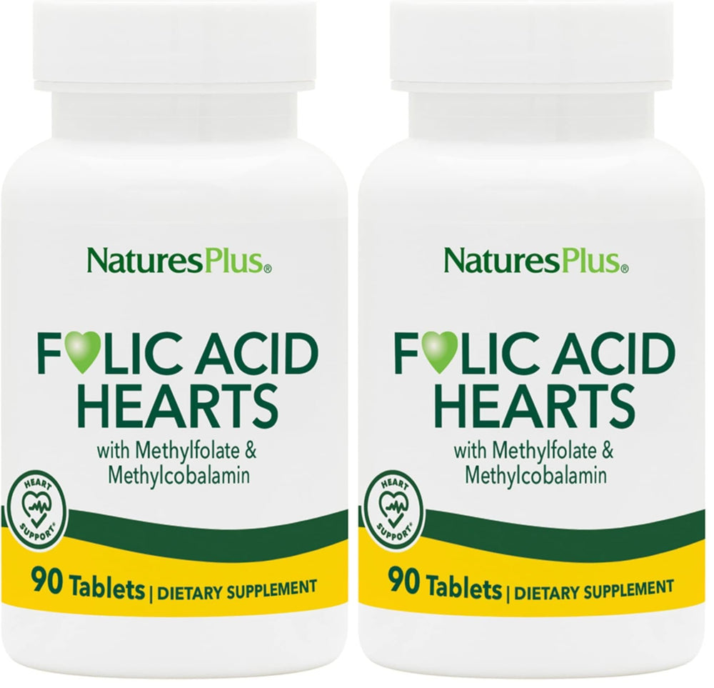 NaturesPlus Folic Acid Hearts bottle with heart-shaped tablets for daily heart health.